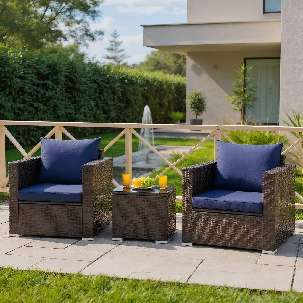 Front. Kadyn - 3 Pcs Patio Conversation Rattan Furniture Set with Coffee Table and Cushions-Blue - Blue.