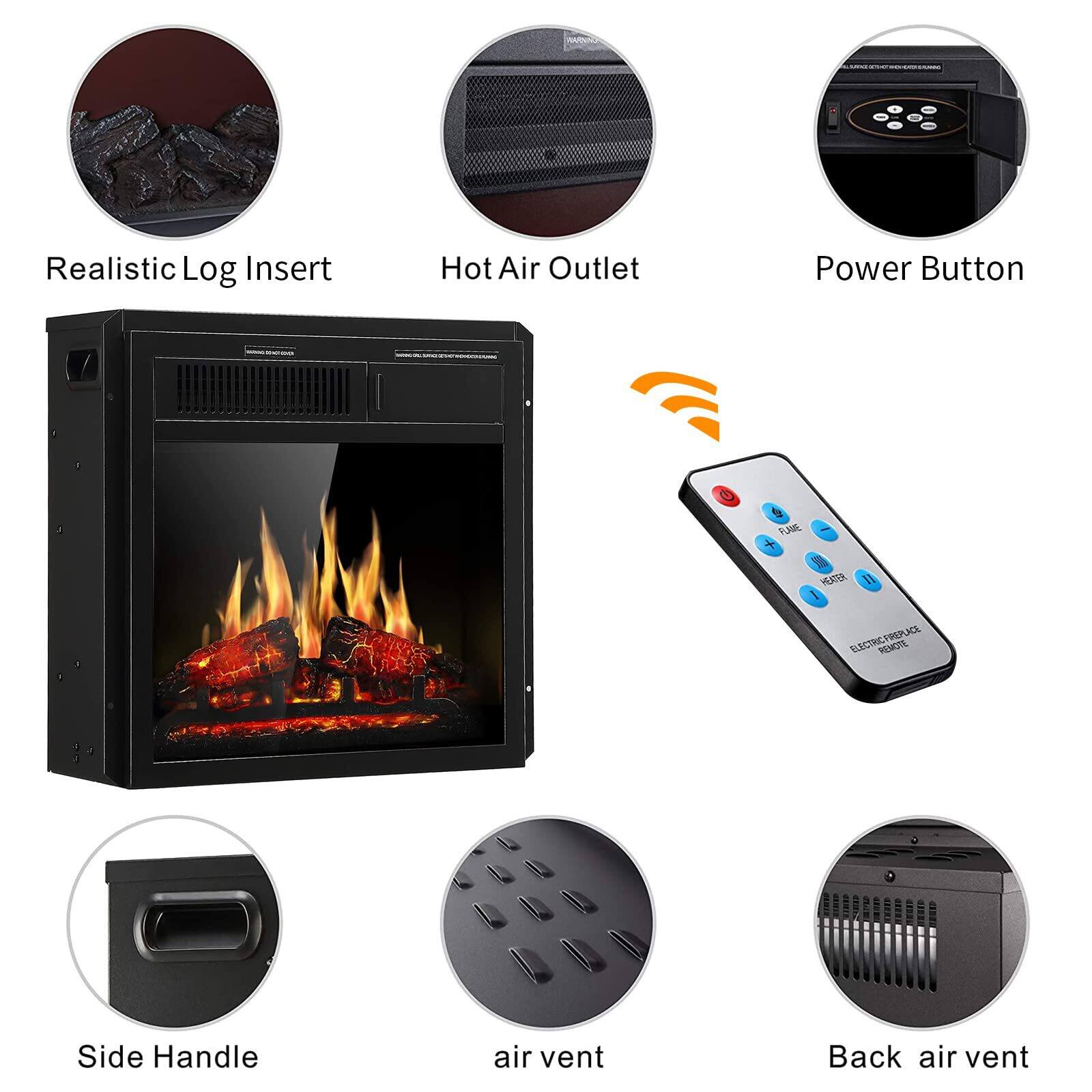 - Realistic Log Insert
- Hot Air Outlet
- Power Button
- Side Handle
- air vent
- Back air vent