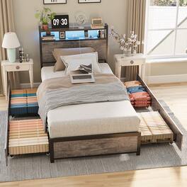 Winado - Bed Frame Twin Size with 4 Storage Drawers and Storage Headboard Metal Platform with Charging Station and LED Lights - Wash Gray