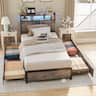 Winado - Bed Frame Twin Size with 4 Storage Drawers and Storage Headboard Metal Platform with Charging Station and LED Lights - Wash Gray