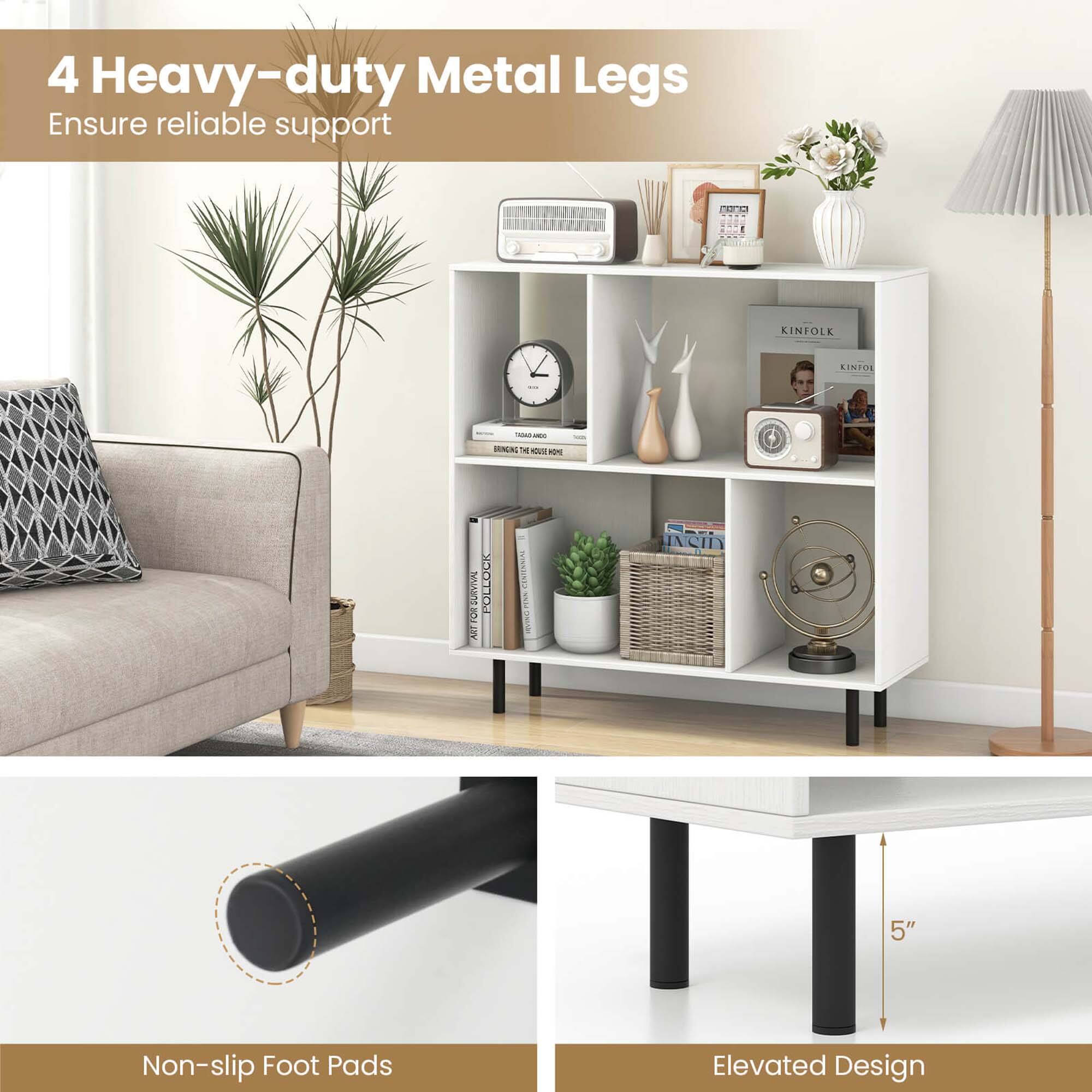 The image features a living room with a couch, a bookshelf, and a table. The bookshelf is filled with various items, including books and a clock. The table has a lamp on it, and there are potted plants placed around the room. The living room is furnished with 4 heavy-duty metal legs that ensure reliable support. Additionally, the table has non-slip foot pads and an elevated design.