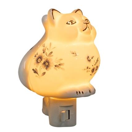 Front. BreeBe - Porcelain Floral Cat Nightlight - White, Blue.