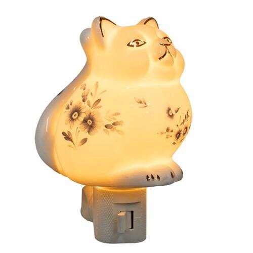 Front. BreeBe - Porcelain Floral Cat Nightlight - White, Blue.