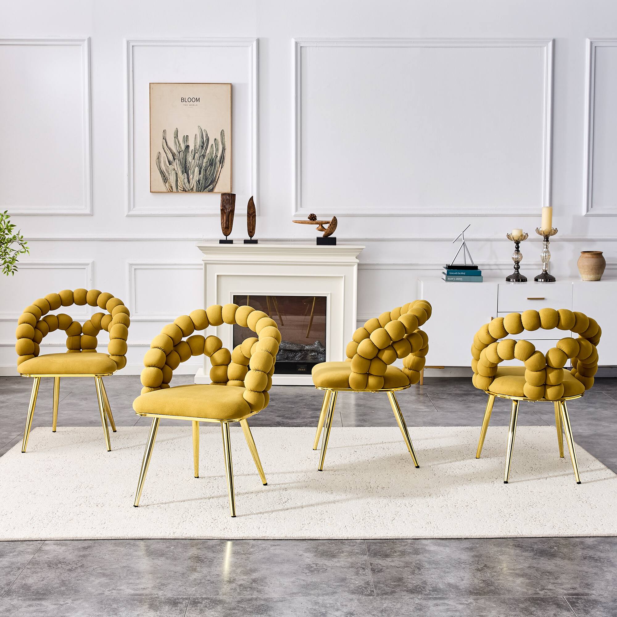 Left. Loheer - Loheer Set of 4 Dining Chairs Yellow Velvet Bubble Back Accent Chairs with Gold Legs for Dining Room Kitchen 1.92 ft - Gold,Yellow.