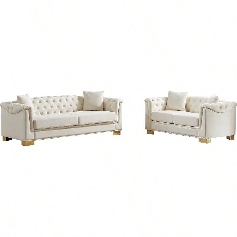 Alt View 4. Trinkets Crazed - 2 Pieces Living Room Sofa Set, Chesterfield Loveseat And 3 Seater Sofa, Mid Century Modern Velvet Cloud Sofas - Beige.