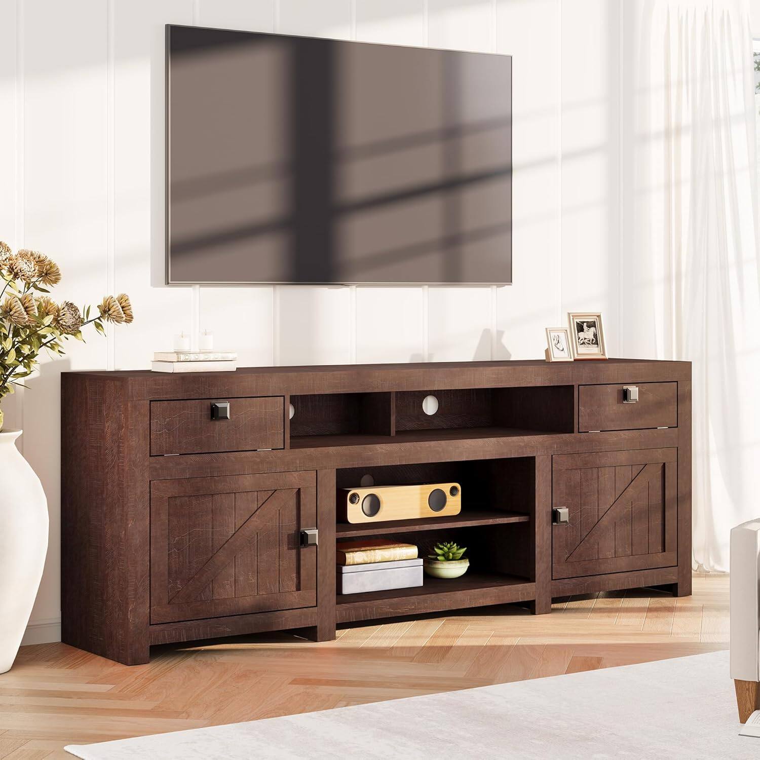 Front. GAOMON - Farmhouse TV Stand for 75/80 Inch TVs, Long Entertainment Center with 4 Storage Drawers & 3 Open Shelf - Brown.