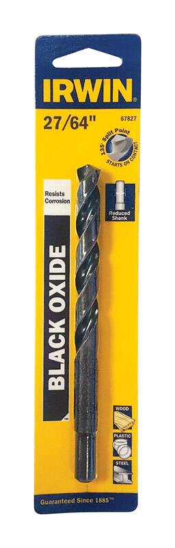 IRWIN  
27/64"  
67827  
Split Point  
135° Contact  
Starts on Contact  
Resists Corrosion  
Black Oxide  
Reduced Shank  
Wood, Plastic, Steel  
Guaranteed Since 1885