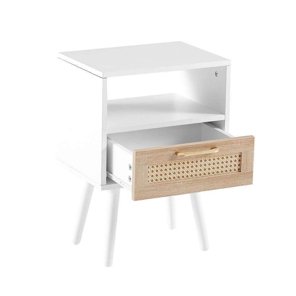 Alt View 8. Loheer - Loheer White Rattan End Table with Drawer Modern Nightstand Solid Wood Legs Bedroom Side Table - White.
