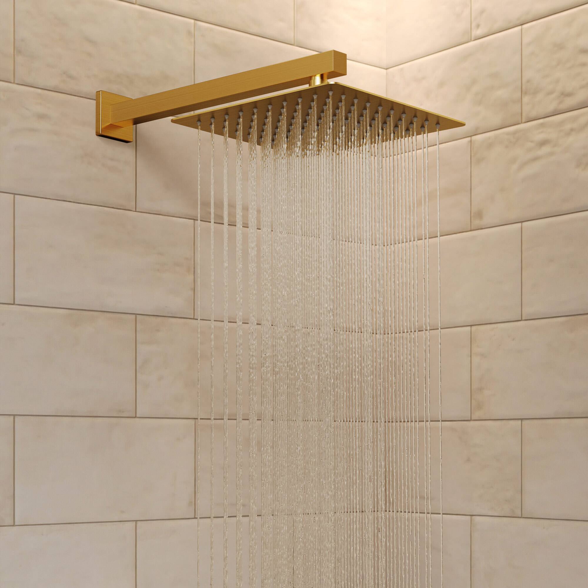 Left. GRANDJOY - Thermostatic Shower Faucet Set with 10" Rain Shower Head and Handheld Sprayer for Wall Mounted Installation - Brushed Gold.