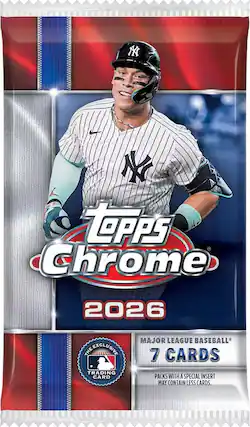 NY
Topps Chrome 2026
THE EXCLUSIVE TRADING CARD
MAJOR LEAGUE BASEBALL® 7 CARDS PACKS WITH A SPECIAL INSERT MAY CONTAIN LESS CARDS.