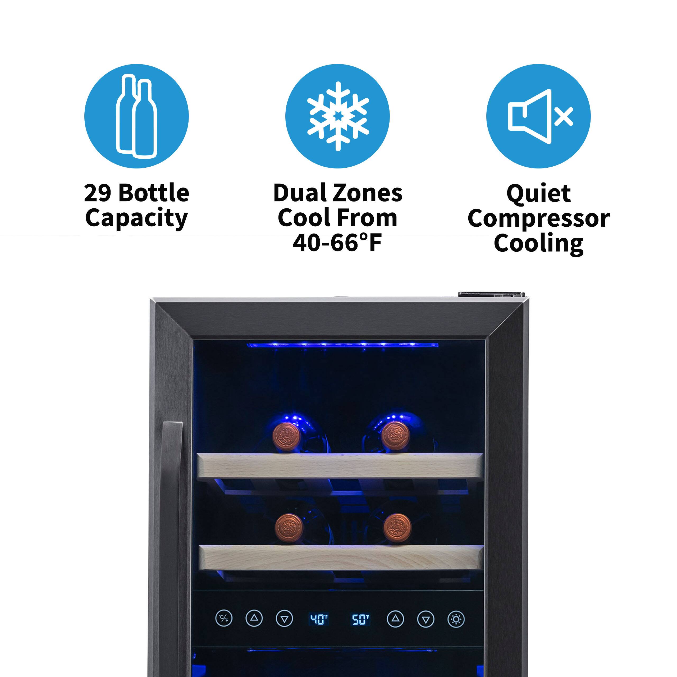 The image features a wine cooler with a capacity of 29 bottles. It has dual zones, allowing for cooling from 40 to 66 degrees Fahrenheit. The cooling system is quiet, making it suitable for use in various settings. The wine cooler is designed to keep the wine at the optimal temperature, ensuring that it remains at its best quality.