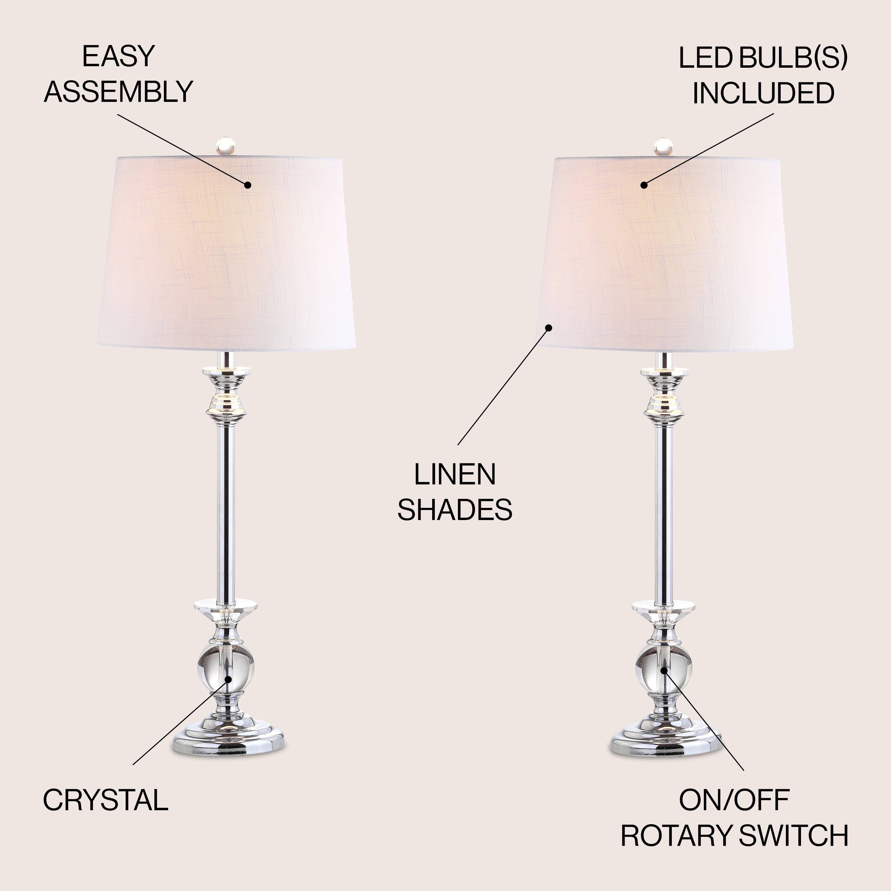 - EASY ASSEMBLY
- LED BULB(S) INCLUDED
- LINEN SHADES
- CRYSTAL
- ON/OFF ROTARY SWITCH