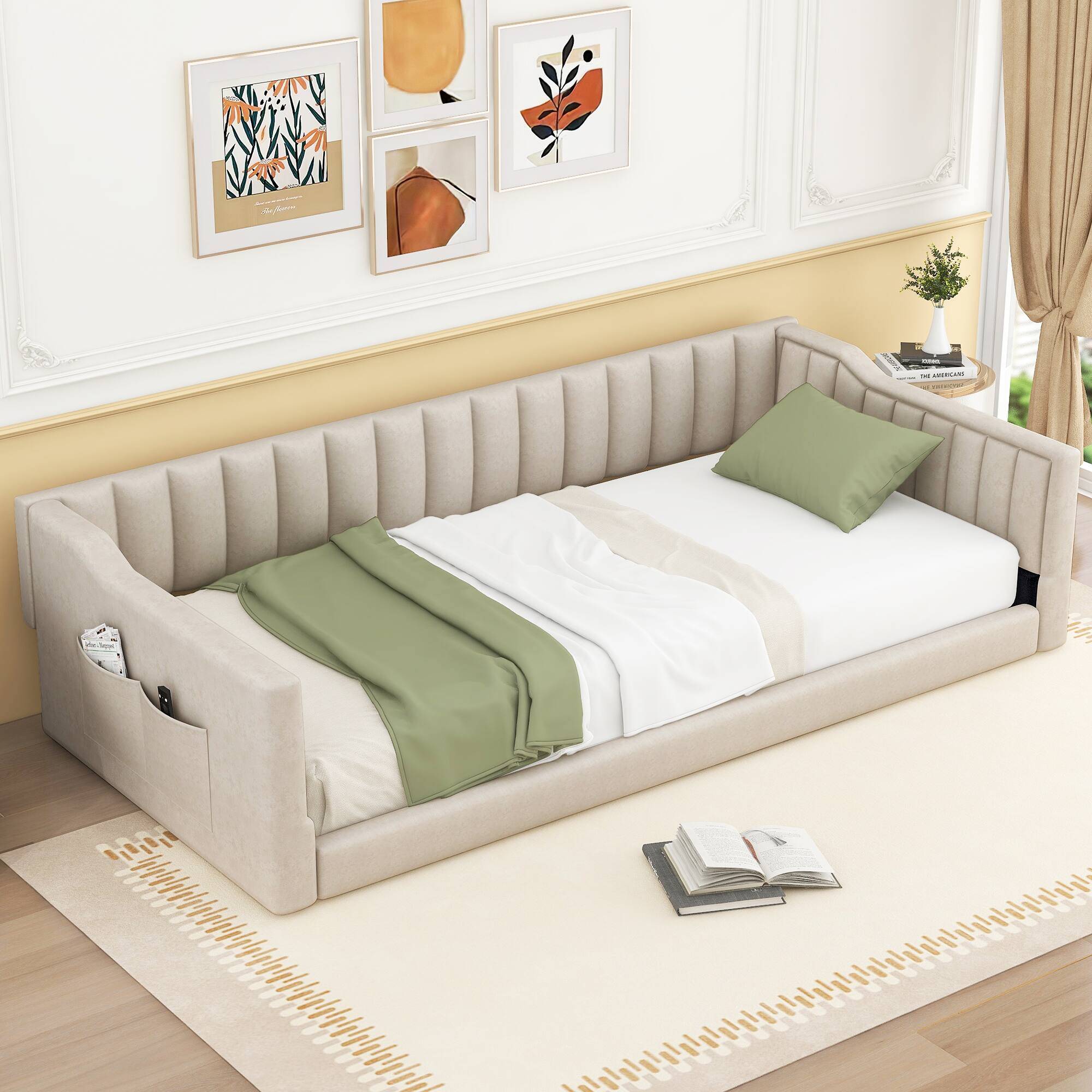 Angle. Whisen - Twin XL Upholstered Daybed with Side Storage Pocket, Velvet Bed Frame for Bedroom & Guest Room - Beige.