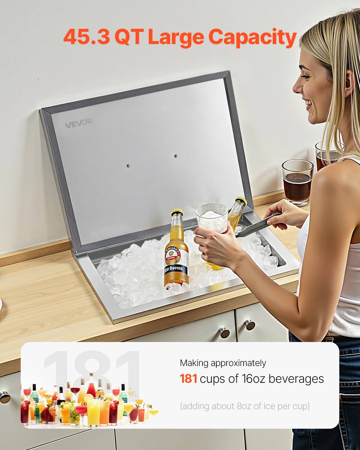 45.3 QT Large Capacity

Making approximately 181 cups of 16oz beverages (adding about 8oz of ice per cup)