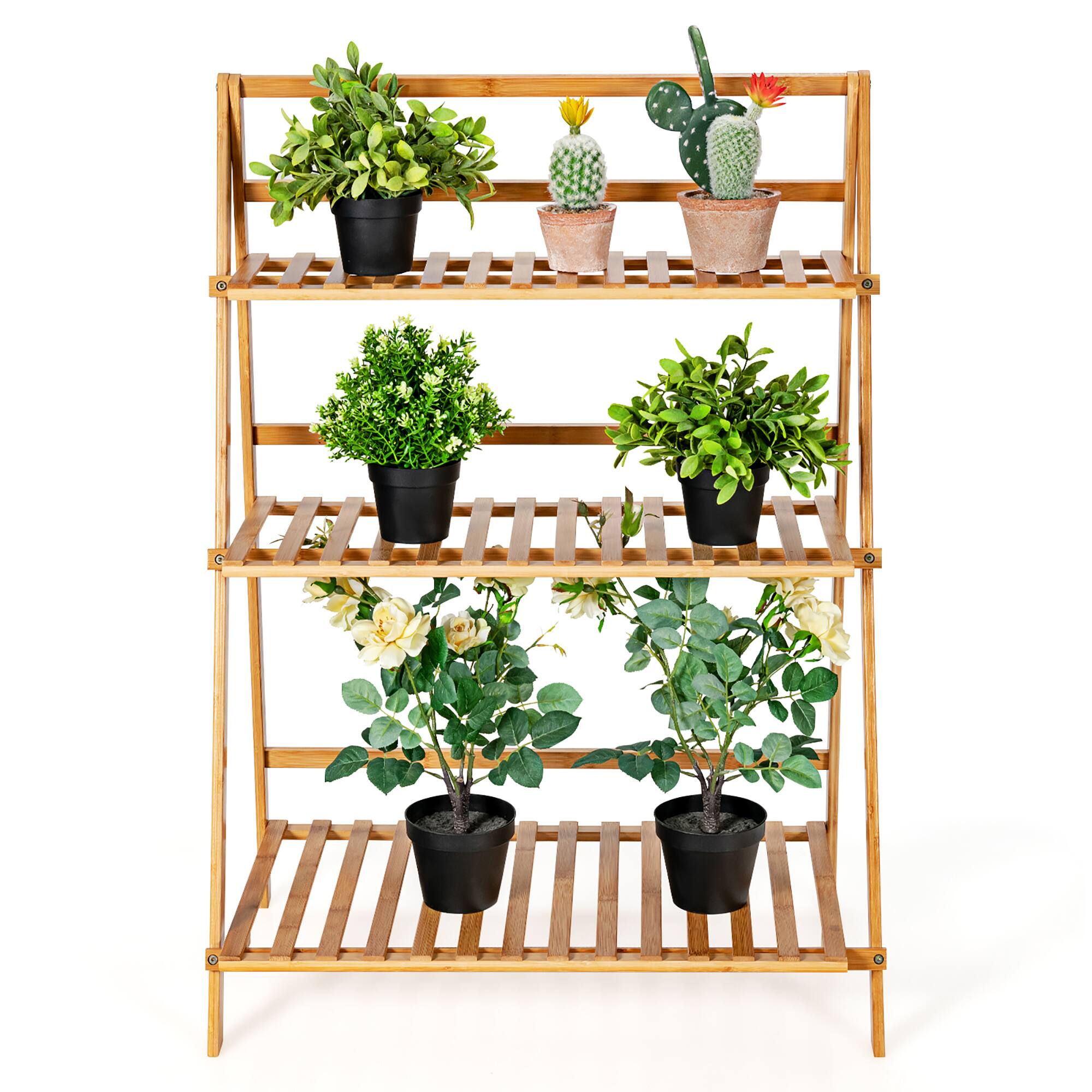 Alt View 8. Costway - Bamboo Ladder Plant Stand 3-Tier Foldable Flower Pot Display Shelf Rack - Natural.