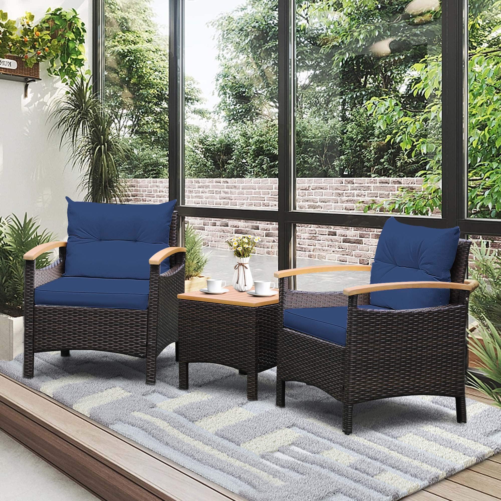 Alt View 2. Costway - Costway 3PCS Patio Rattan Furniture Set Wooden Armrest Table Top Cushioned Deck - Mix Brown,Navy.