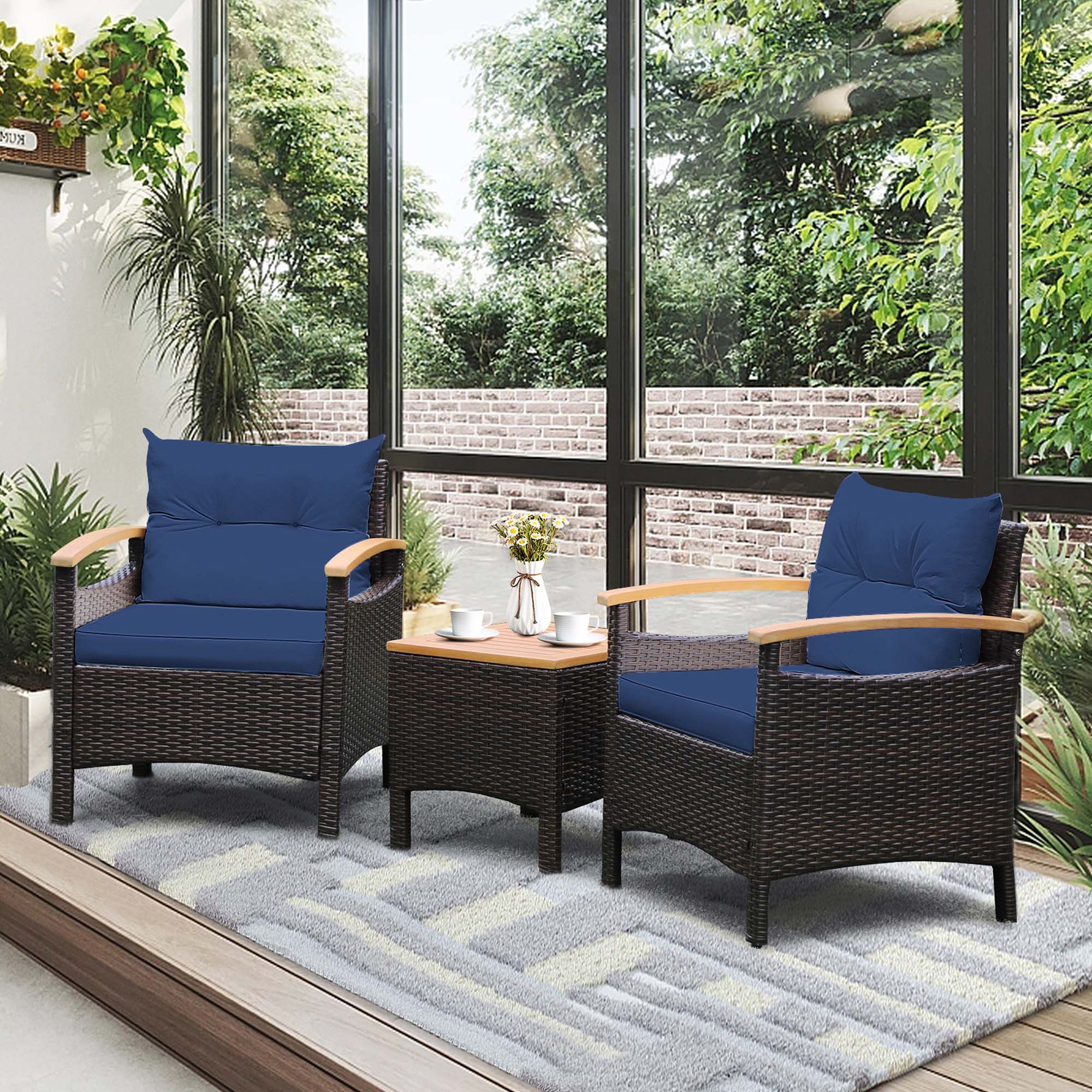Alt View 2. Costway - Costway 3PCS Patio Rattan Furniture Set Wooden Armrest Table Top Cushioned Deck - Mix Brown,Navy.