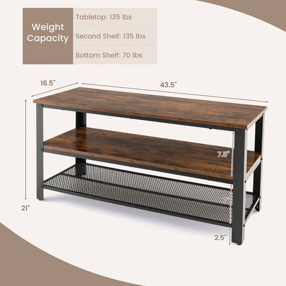 Tabletop: 135 lbs  
Second Shelf: 135 lbs  
Bottom Shelf: 70 lbs  

Dimensions:  
- Length: 43.5"  
- Width: 16.5"  
- Height: 21"  
- Shelf Depth: 7.5"  
- Shelf Spacing: 2.5"