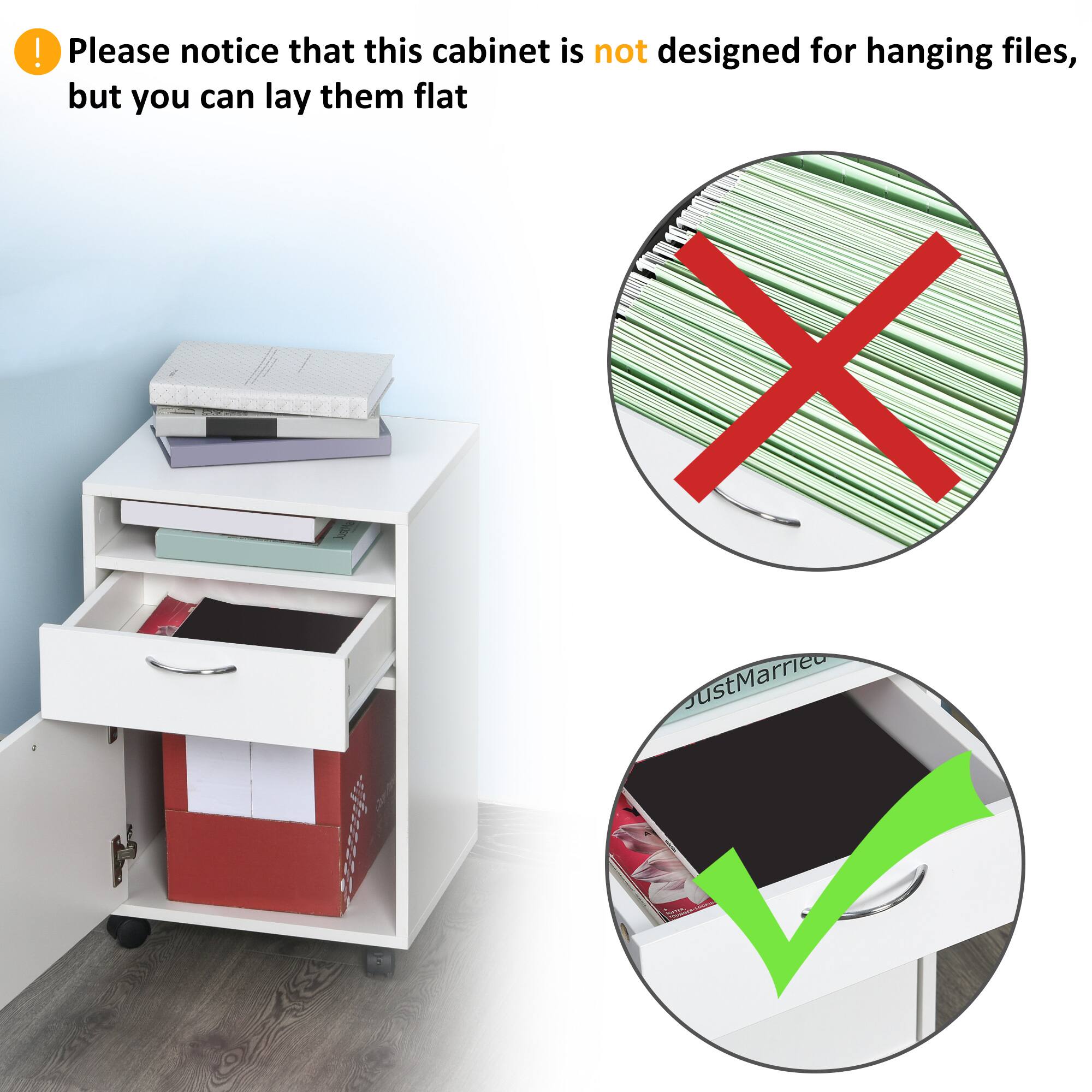 Please notice that this cabinet is not designed for hanging files, but you can lay them flat, JustMarrieo
