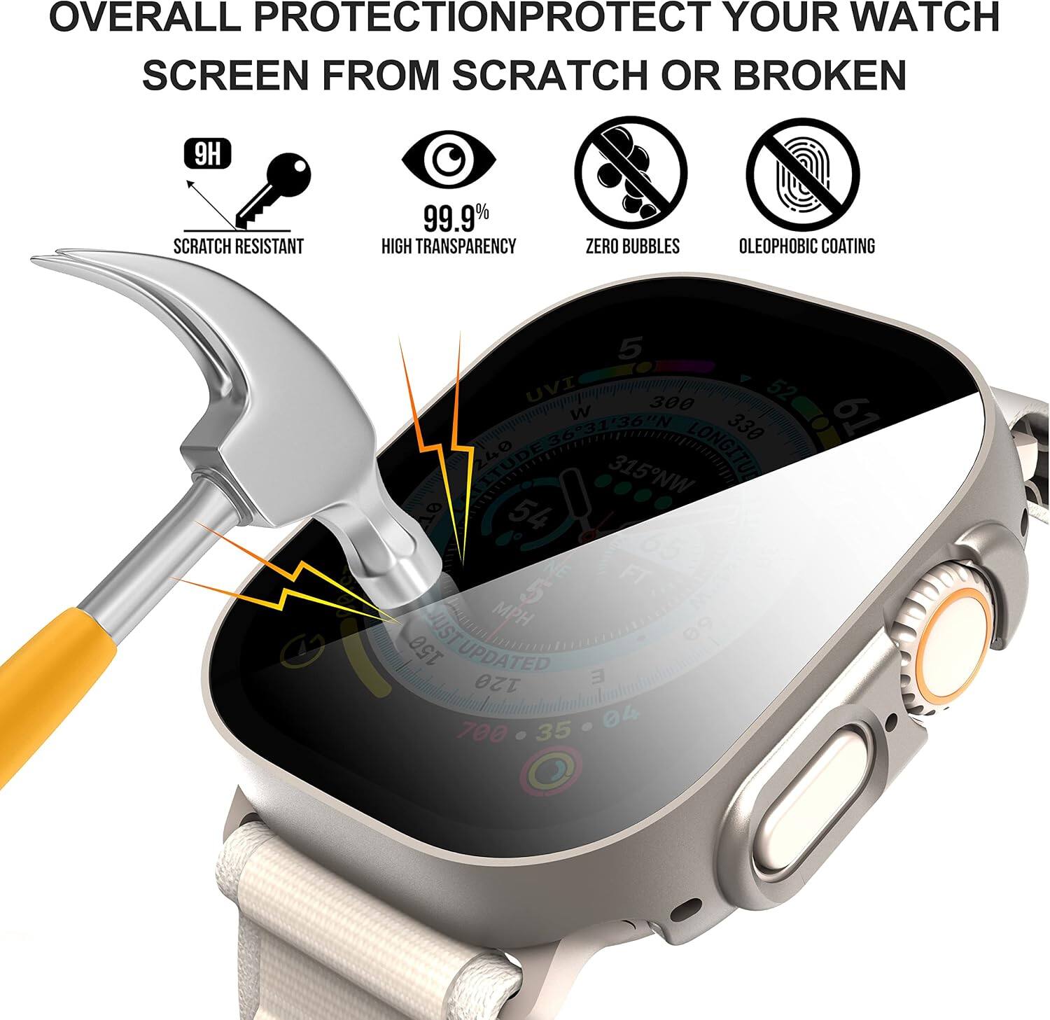 OVERALL PROTECTION  
PROTECT YOUR WATCH SCREEN FROM SCRATCH OR BROKEN  

9H  
SCRATCH RESISTANT  
99.9% HIGH TRANSPARENCY  
ZERO BUBBLES  
OLEOPHOBIC COATING  

5 UVI  
52 300 W  
61 330 240 315 NW  
LONGITU 54 5 FT MPH  
150 JUST UPDATED  
E 120 04 700 35