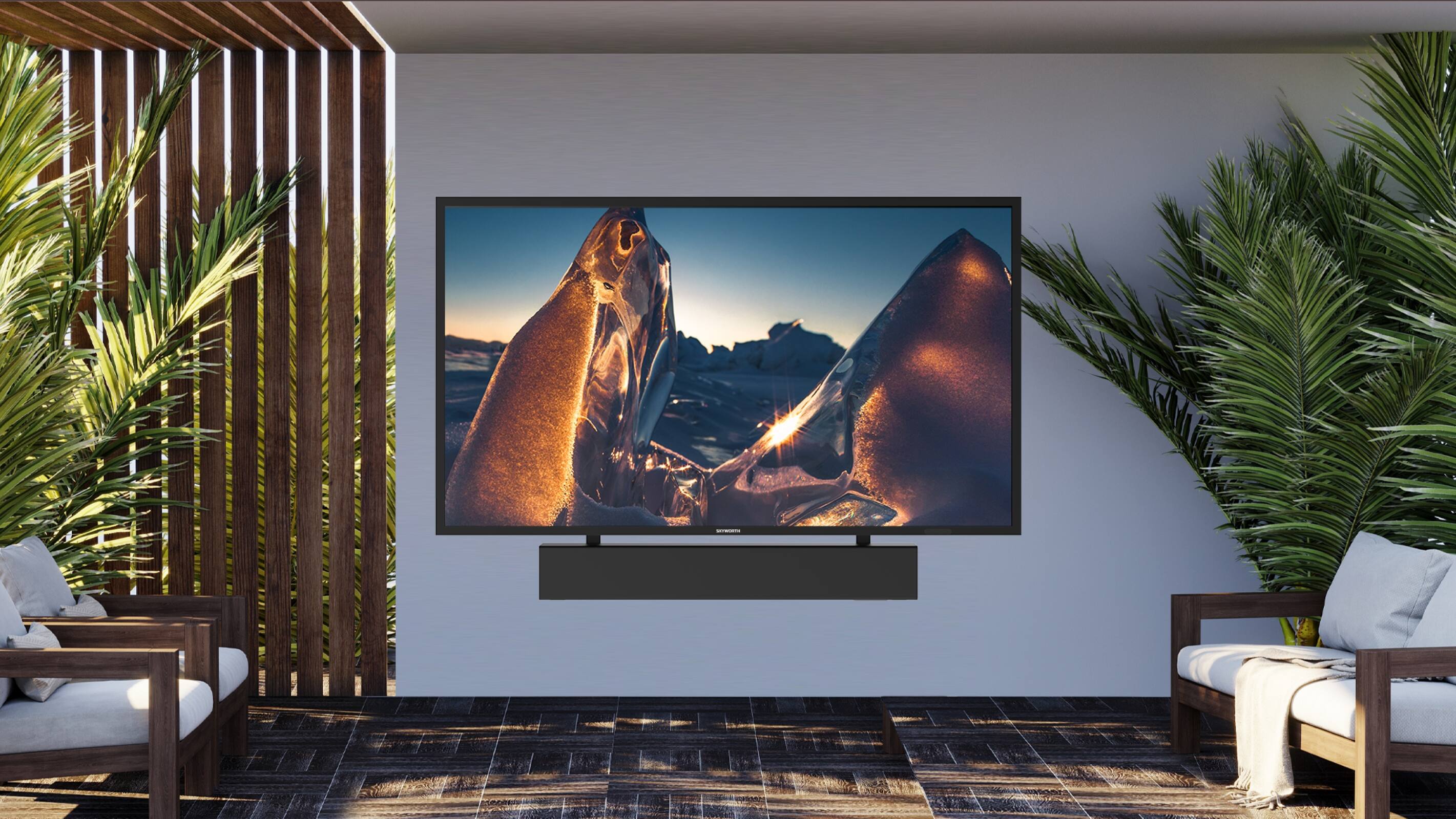 Alt View 4. SKYWORTH - Skyworth Clarus 55" Partial Sun Outdoor TV with an 80 Watt Built In Soundbar, 1200 Nits, and IP55 Waterproof Rating.