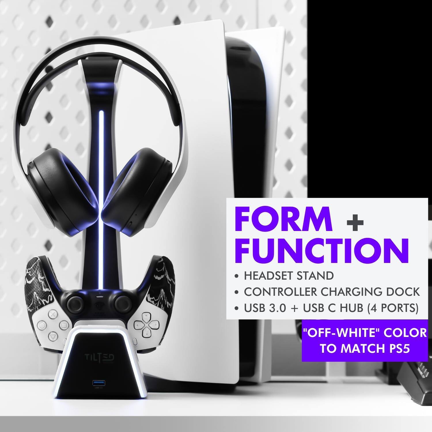 FORM + FUNCTION  
- HEADSET STAND  
- CONTROLLER CHARGING DOCK  
- USB 3.0 + USB C HUB (4 PORTS)  

"OFF-WHITE" COLOR TO MATCH PS5