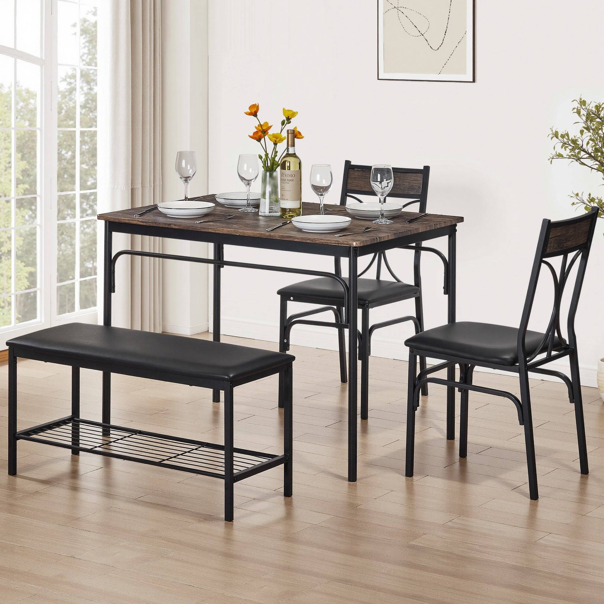 Back. Vecelo - Modern 4-Piece Dining Table Set with Bench and 2 Upholstered Chairs – Rectangular Kitchen Table Set for Small Spaces - Brown.