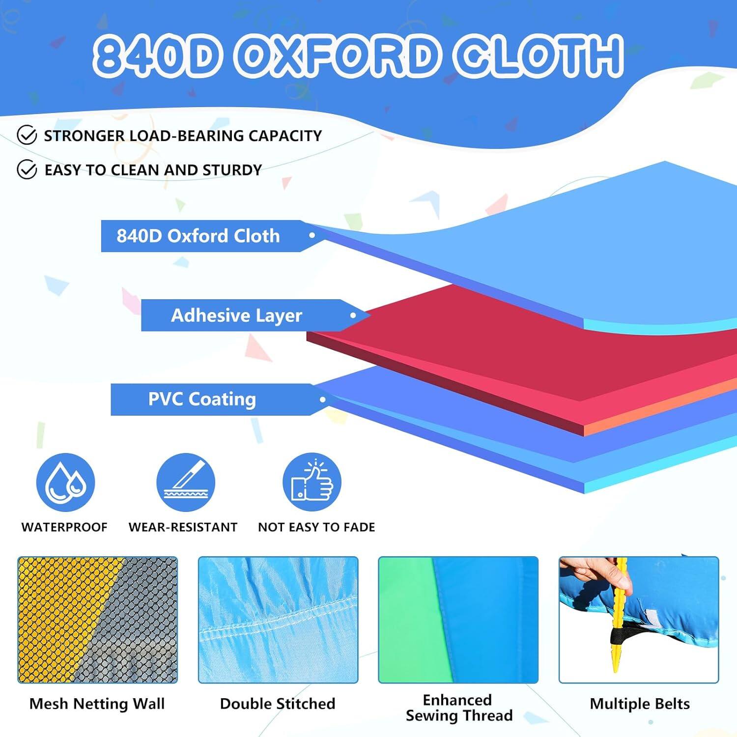 840D Oxford Cloth

- Stronger Load-Bearing Capacity
- Easy to Clean and Sturdy

840D Oxford Cloth
- Adhesive Layer
- PVC Coating

- Waterproof
- Wear-Resistant
- Not Easy to Fade

- Mesh Netting Wall
- Double Stitched
- Enhanced Sewing Thread
- Multiple Belts