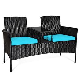 Gymax - Patented Rattan Wicker Patio Conversation Set w/ Loveseat Table Cushion - Turquoise
