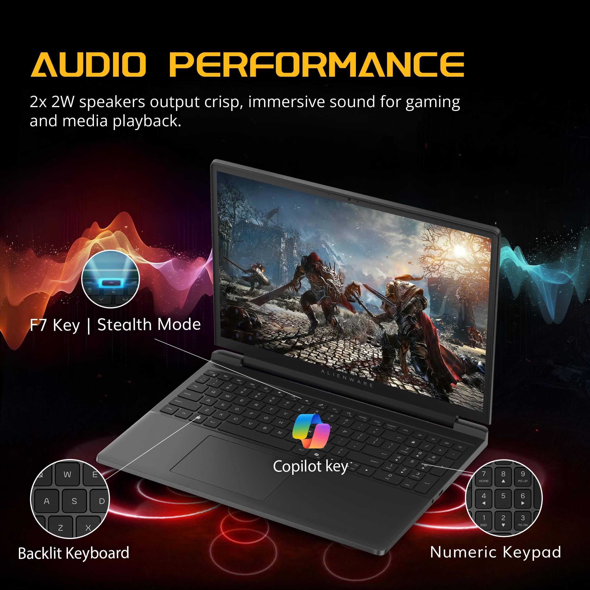 AUDIO PERFORMANCE  
2x 2W speakers output crisp, immersive sound for gaming and media playback.  

F7 Key | Stealth Mode  

Backlit Keyboard  

Numeric Keypad
