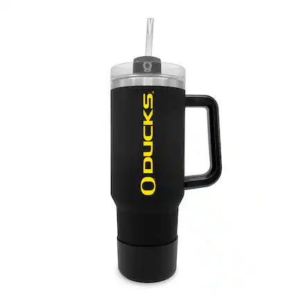 Front. The Fanatic Group - Oregon Ducks 40oz. Stainless Tumbler with Handle & Removable Straw - Black.