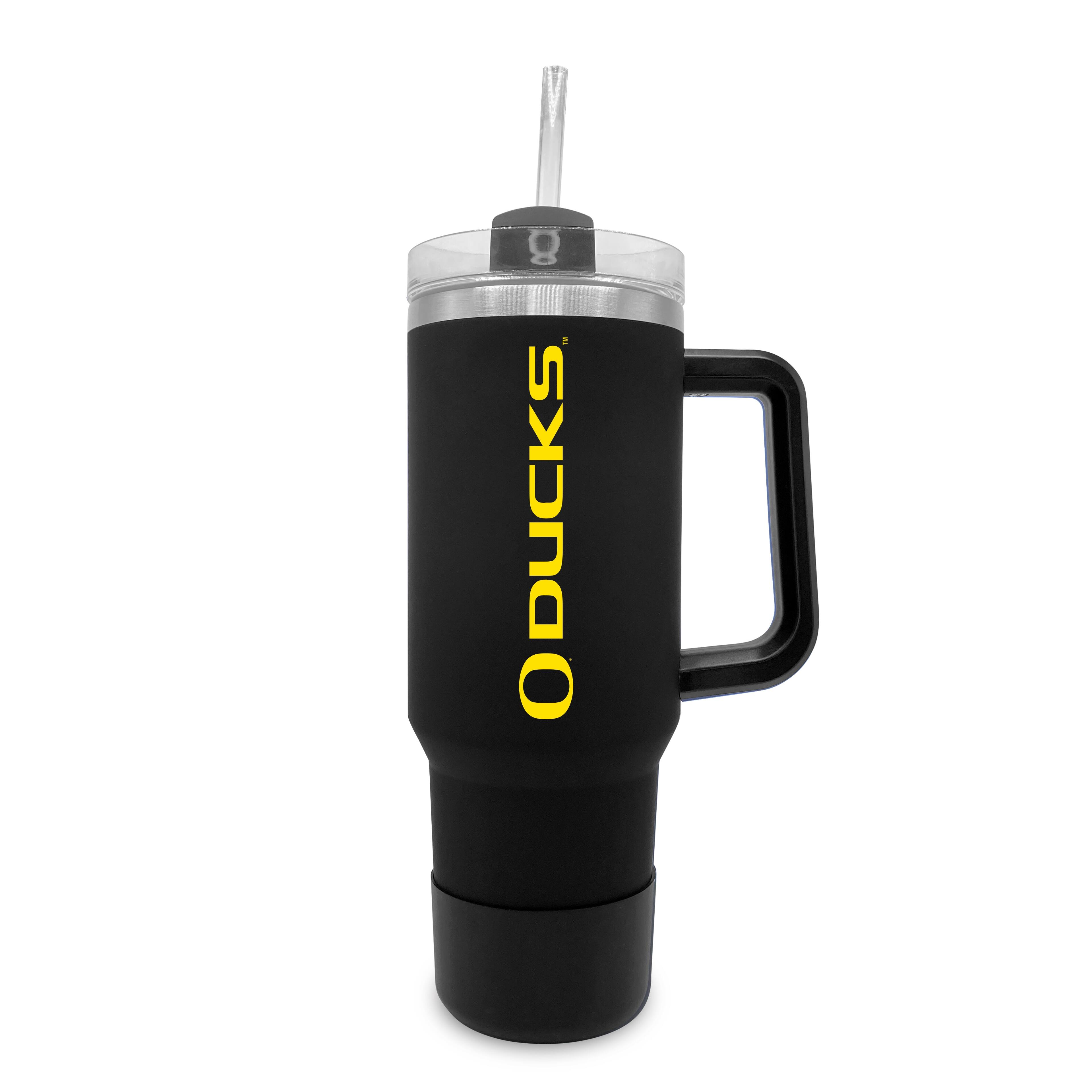Front. The Fanatic Group - Oregon Ducks 40oz. Stainless Tumbler with Handle & Removable Straw - Black.