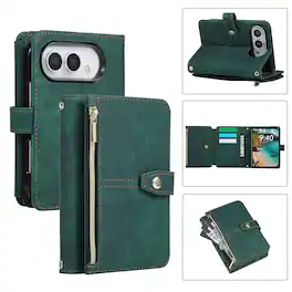 Dteck - Flip Wallet Case for Apple iPhone Duo PU Leather Protective Cover with Zipper Pocket Wrist Strap Kickstand - Darkgreen