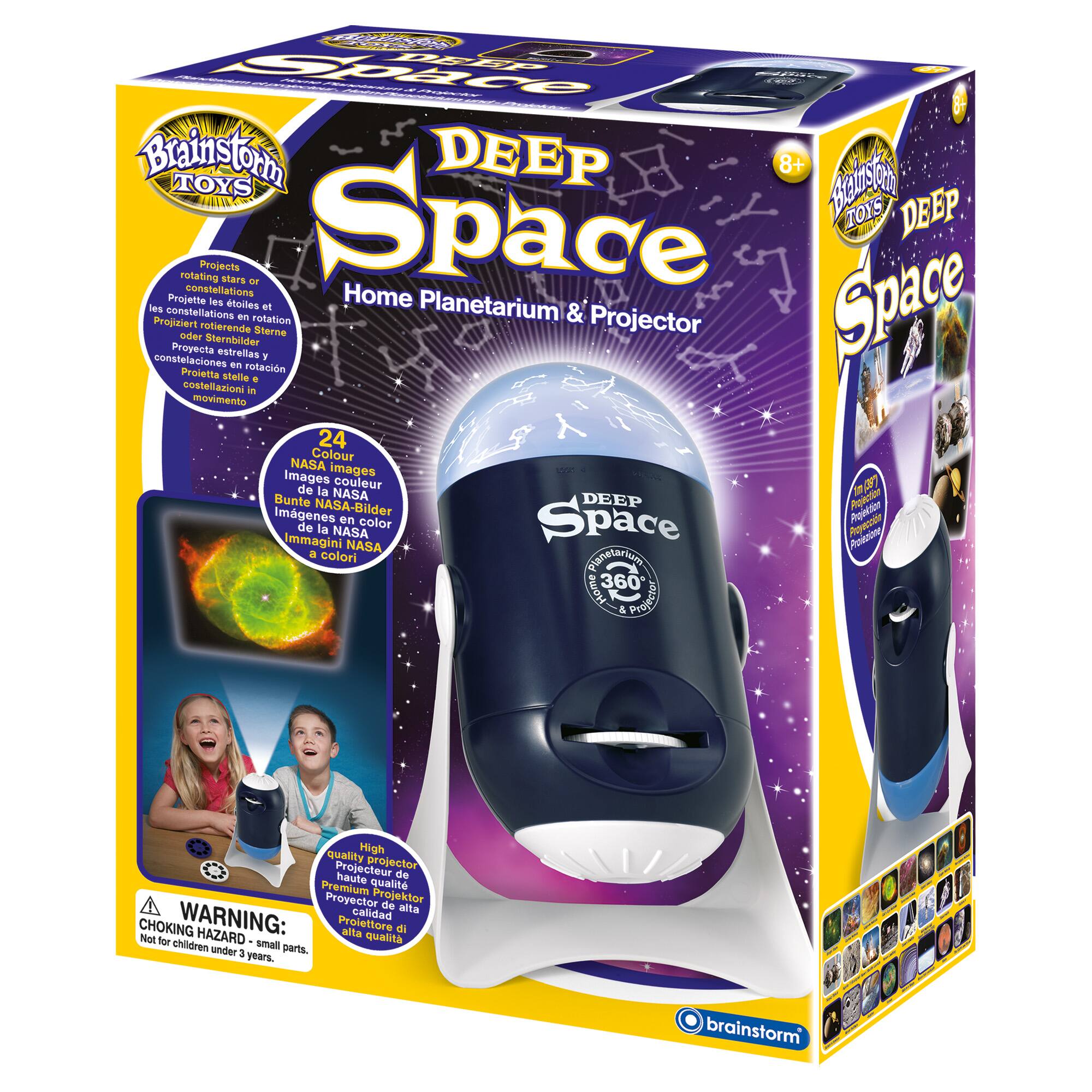 Brainstorm TOYS DEEP SPACE PROJECTOR

* Projects rotating stars or constellations
* Home planetarium & projector
* Projects rotating star images
* 24 color NASA images
* 360 & 130 degree viewing options
* High quality projector
* Not for children under 3 years due to small parts
* Warning: Choking hazard