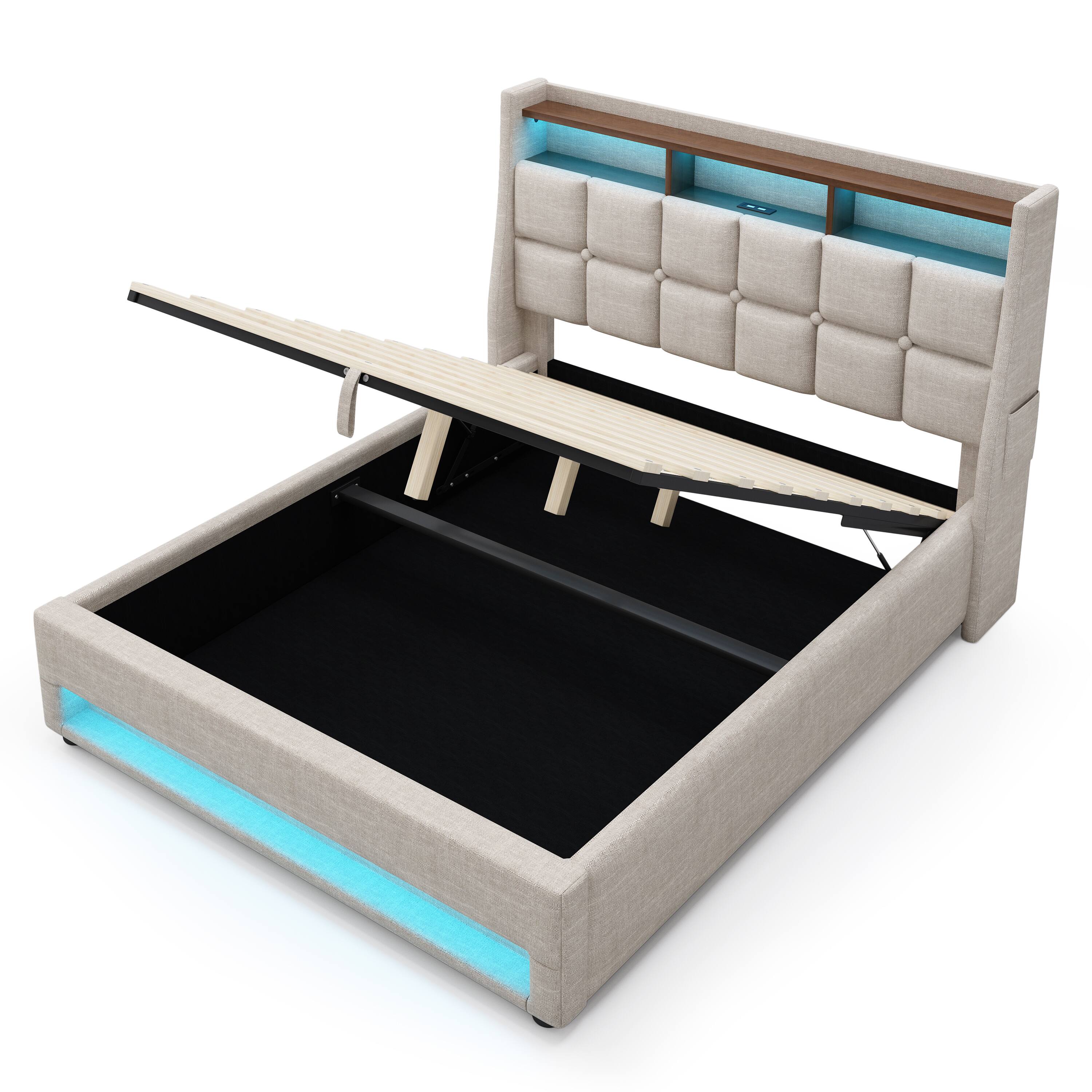 Alt View 4. Anysun - Full Size Upholstered Platform Bed - Hydraulic Storage, LED, Charging Station, No Box Spring, Easy Assembly - Natural.