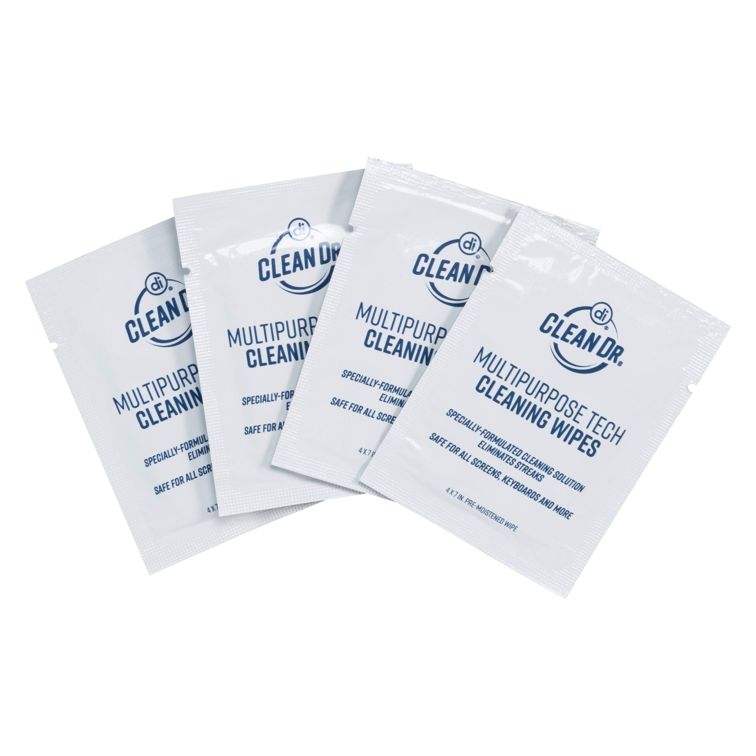 CLEAN DR.  
MULTIPURPOSE CLEANING  
SPECIALY-FORMULATED  
SAFE FOR ALL SCREENS, ELIMINATES STREAKS  

CLEAN DR.  
MULTIPURPOSE TECH CLEANING WIPES  
SPECIALY-FORMULATED CLEANING SOLUTION  
SAFE FOR ALL SCREENS, KEYBOARDS AND MORE  
4" x 7" IN PRE-MOISTENED WIPES