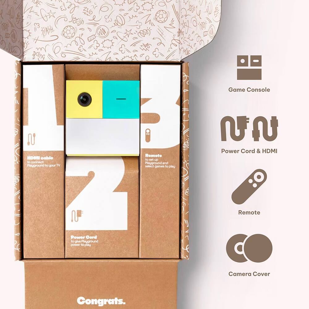 1. Game Console

2. HDMI cable to connect Playground to your TV

3. Power Cord & HDMI

4. Remote to set up Playground and select games to play

5. Camera Cover

Congrats.