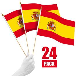 G128 - 24-Pack Handheld Spain Stick Flags, 12 x 18 in, 150D Polyester with Wooden Stick and Gold Spear Tip - Assorted Colors