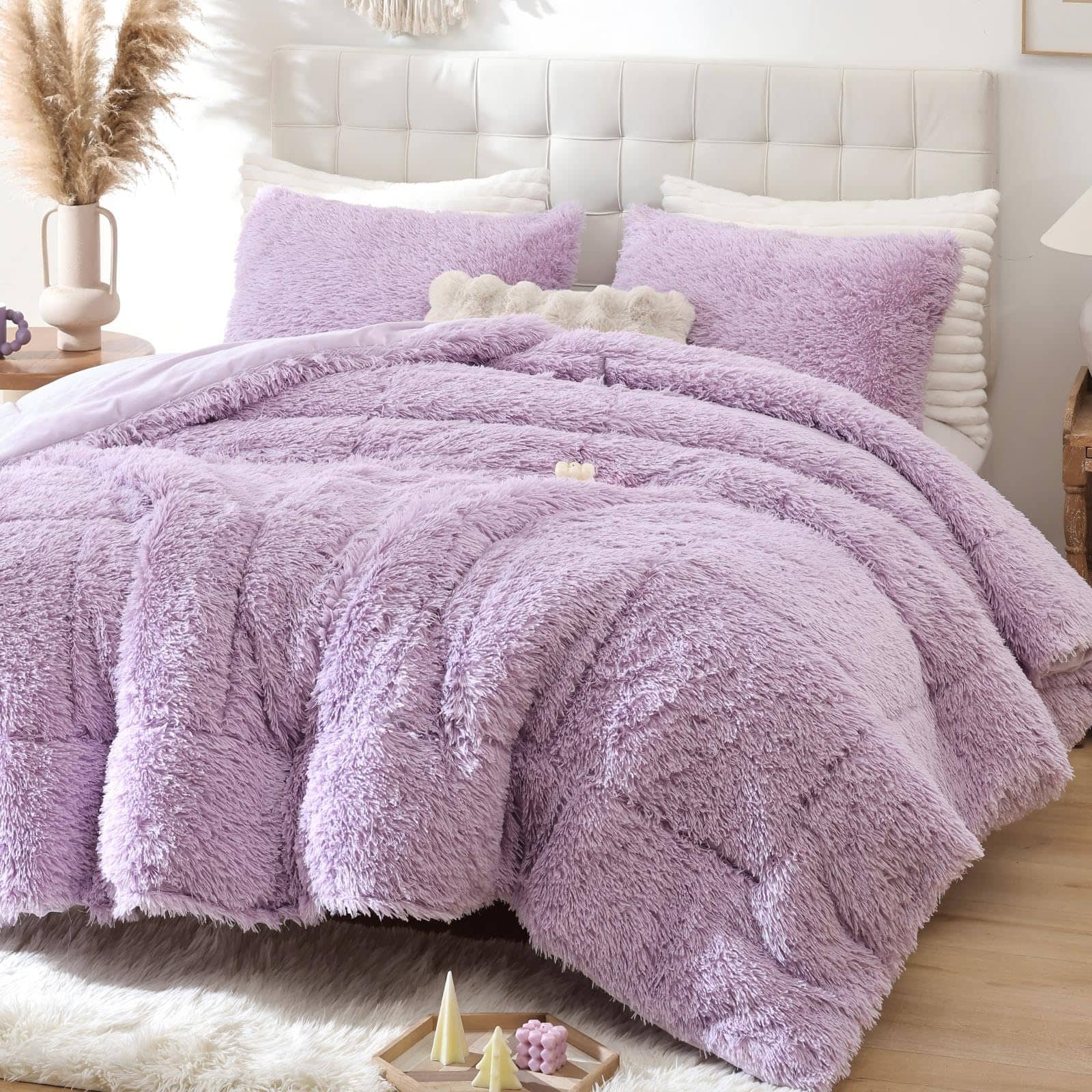 Earthley Blooms - Fluffy Queen Comforter Set Faux Size Luxury Fuzzy Bedding Soft Shaggy Bed For All Season 3 Pieces 1 2 - Lavender Purple-Full