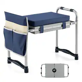Costway - Garden Kneeler and Seat, Foldable Gardening Stool with Wide EVA Foam Padding - with Foot Pads & Detachable Handle-Navy