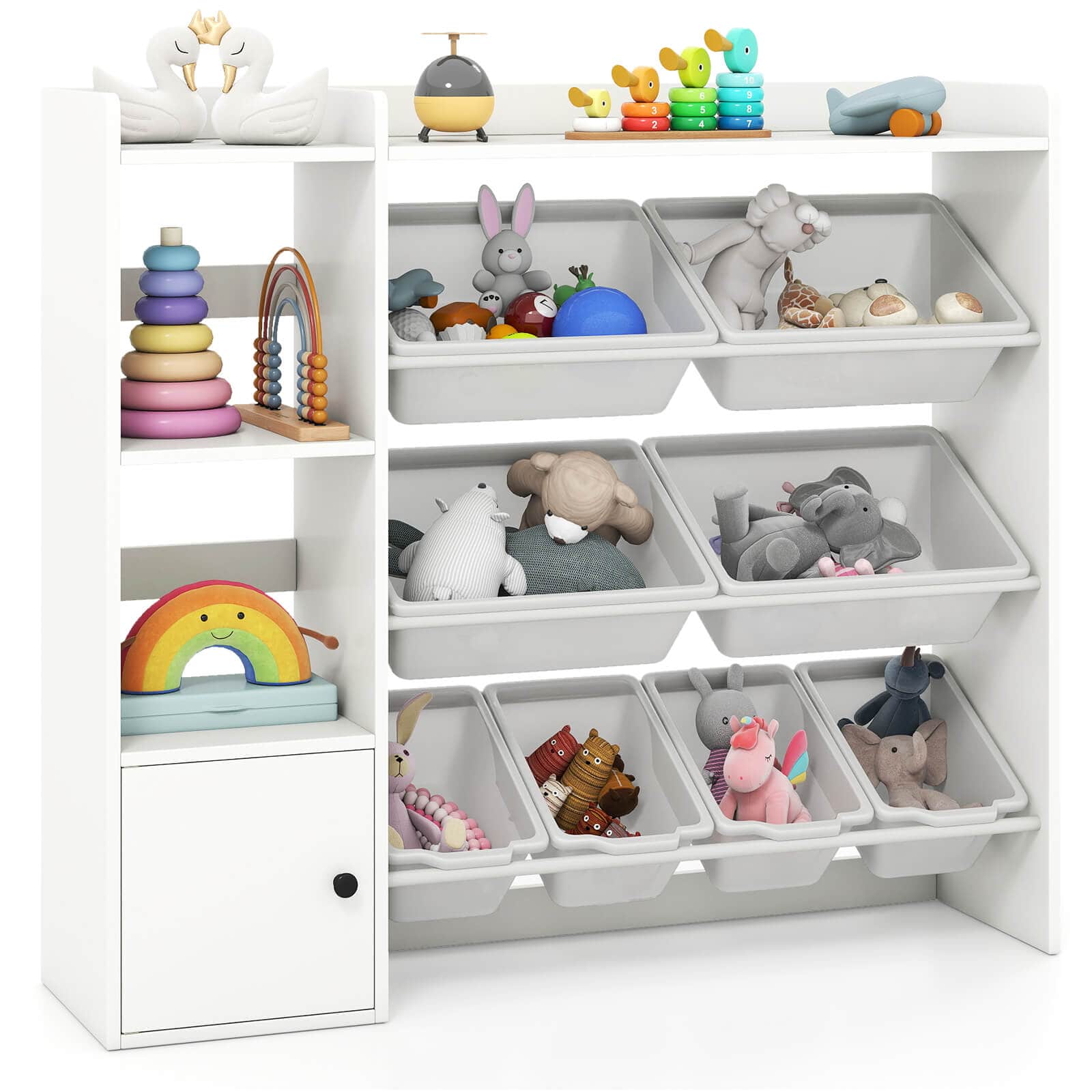 Costway - Kids Toy Storage and Bookshelf, Wooden Bookcase with 4 Small Boxes & 4 Large Boxes - White