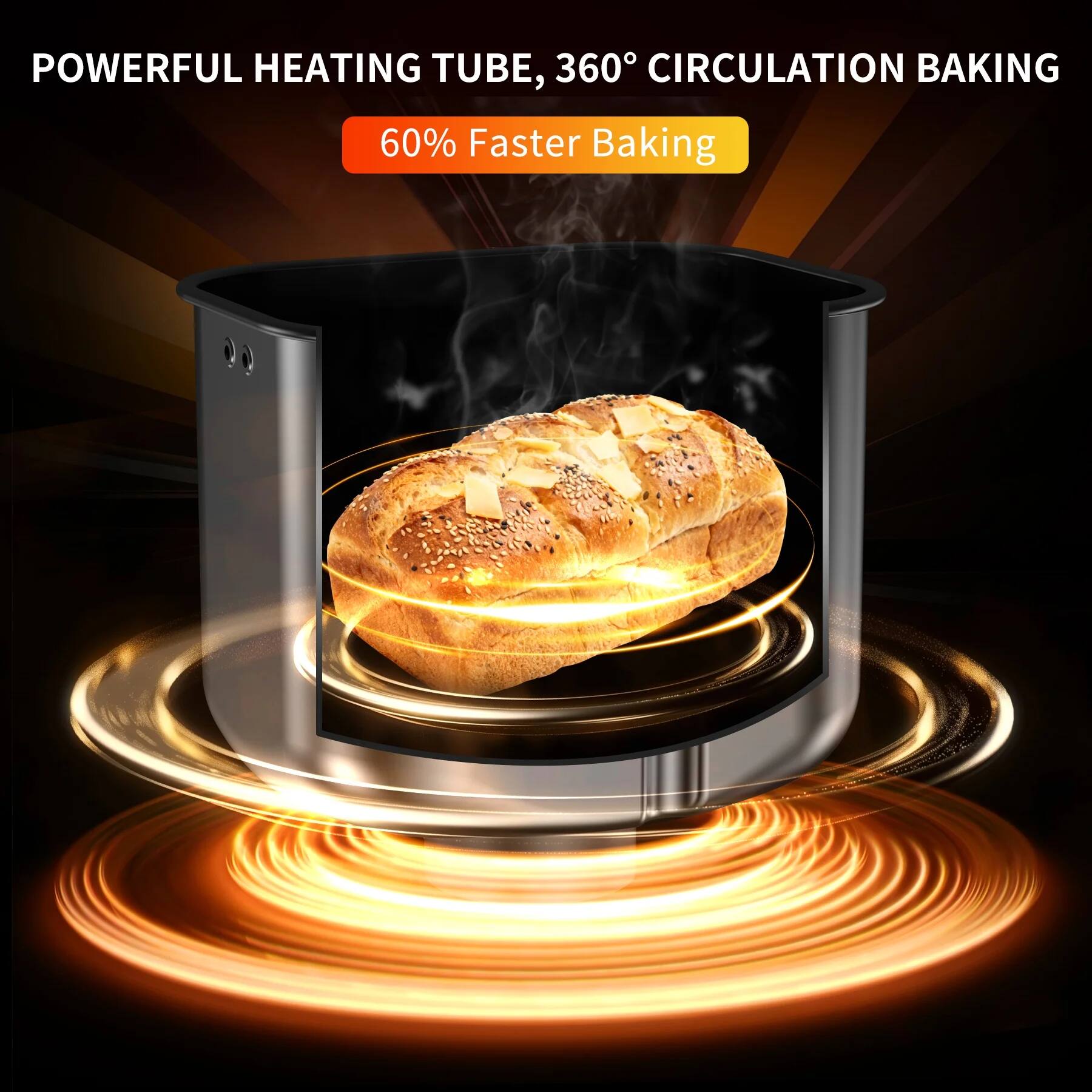 POWERFUL HEATING TUBE, 360° CIRCULATION BAKING  
60% Faster Baking