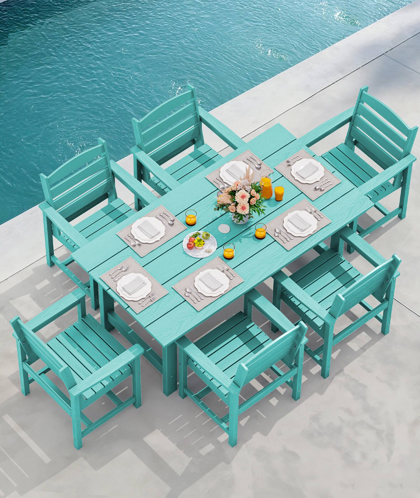 Alt View 7. SERWALL - 7 Pcs Outdoor Dining Set, Outdoor Dining Furniture with Rectangular Table & 6 Chairs, All-Weather Resistant Dining Set - Aruba.