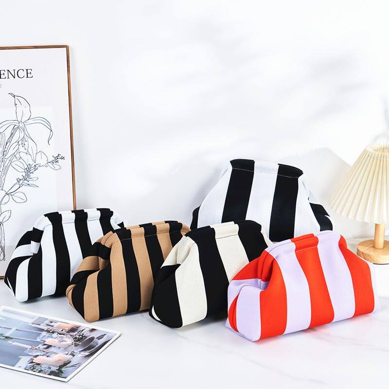 Back. Fabibe - Clutch Purses For Women 2025 Summer Beach Woven Crochet Bag Dumpling Striped Ruched Cloud Purse Evening Handbag - Yellow-red.