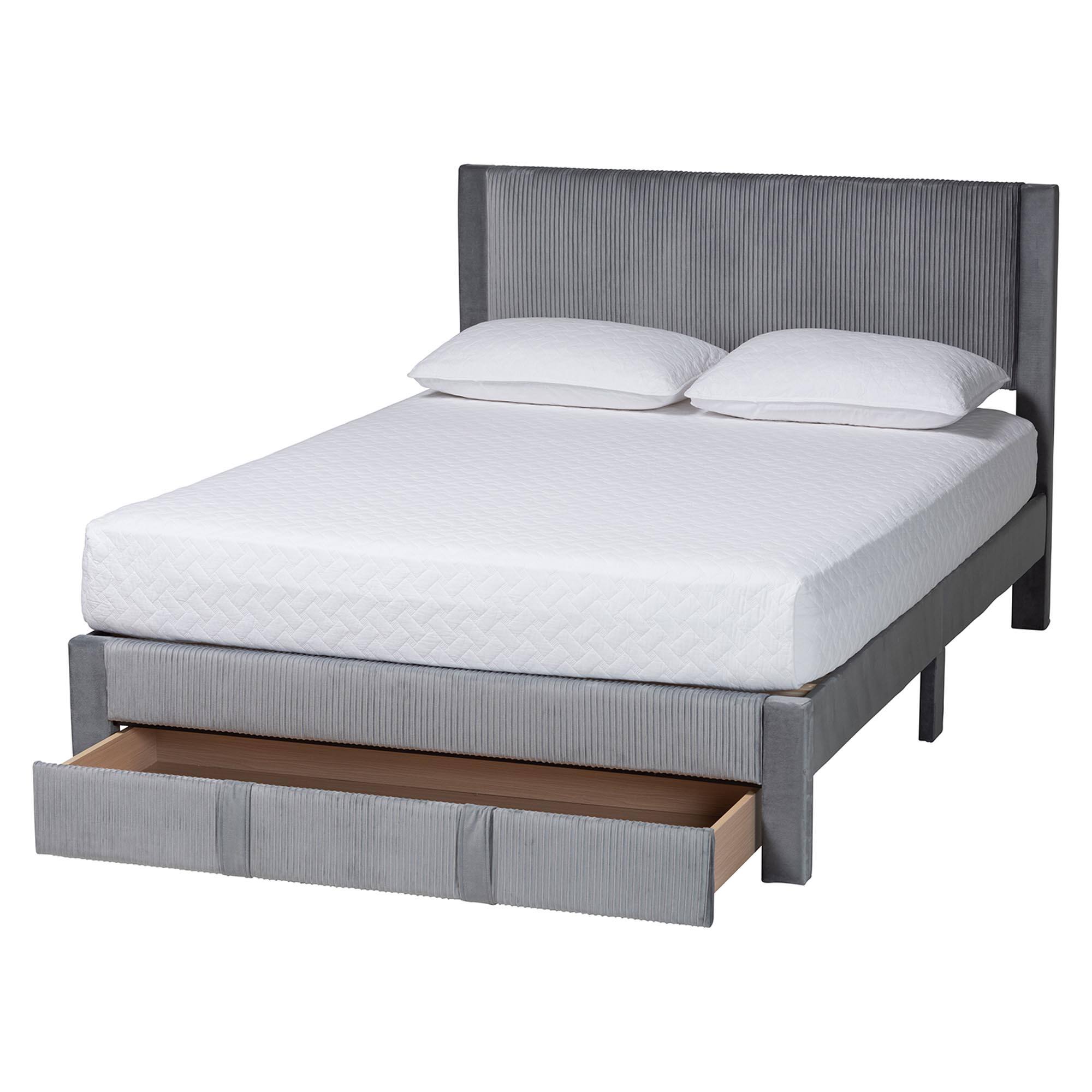 Angle. Baxton Studio - Elora Modern Pleated Velvet Queen Size Storage Bed - Grey.