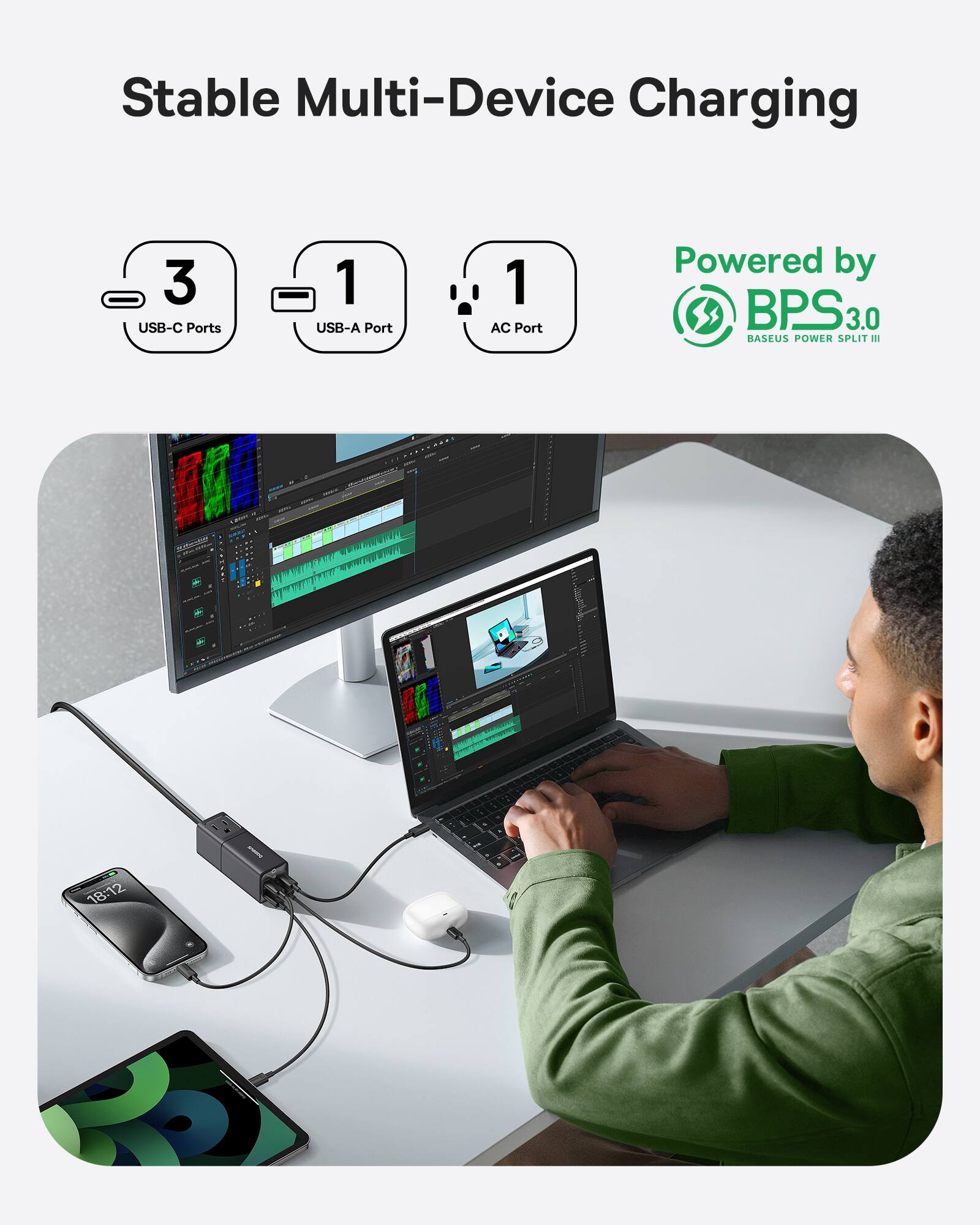 Stable Multi-Device Charging 3 USB-C Ports 1 USB-A Port 1 AC Port Powered by BPS3.0 3.0 BASEUS POWER SPLIT III 18:12