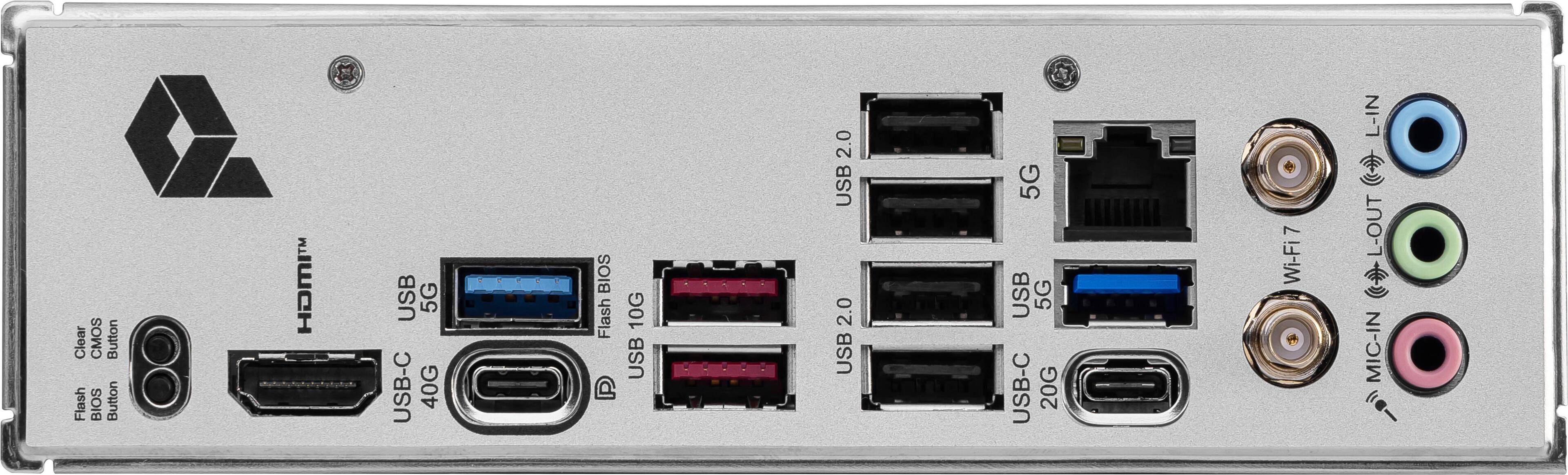 The image shows a computer with a variety of ports and buttons. The ports include USB-C, USB 5G, USB 2.0, and USB 2.0. There are also two USB-C ports. The buttons on the computer include a Clear CMOS button, a BIOS Flash button, and a Wi-Fi 7 button. Additionally, there are two L-IN and L-OUT buttons, and a MIC-IN button.