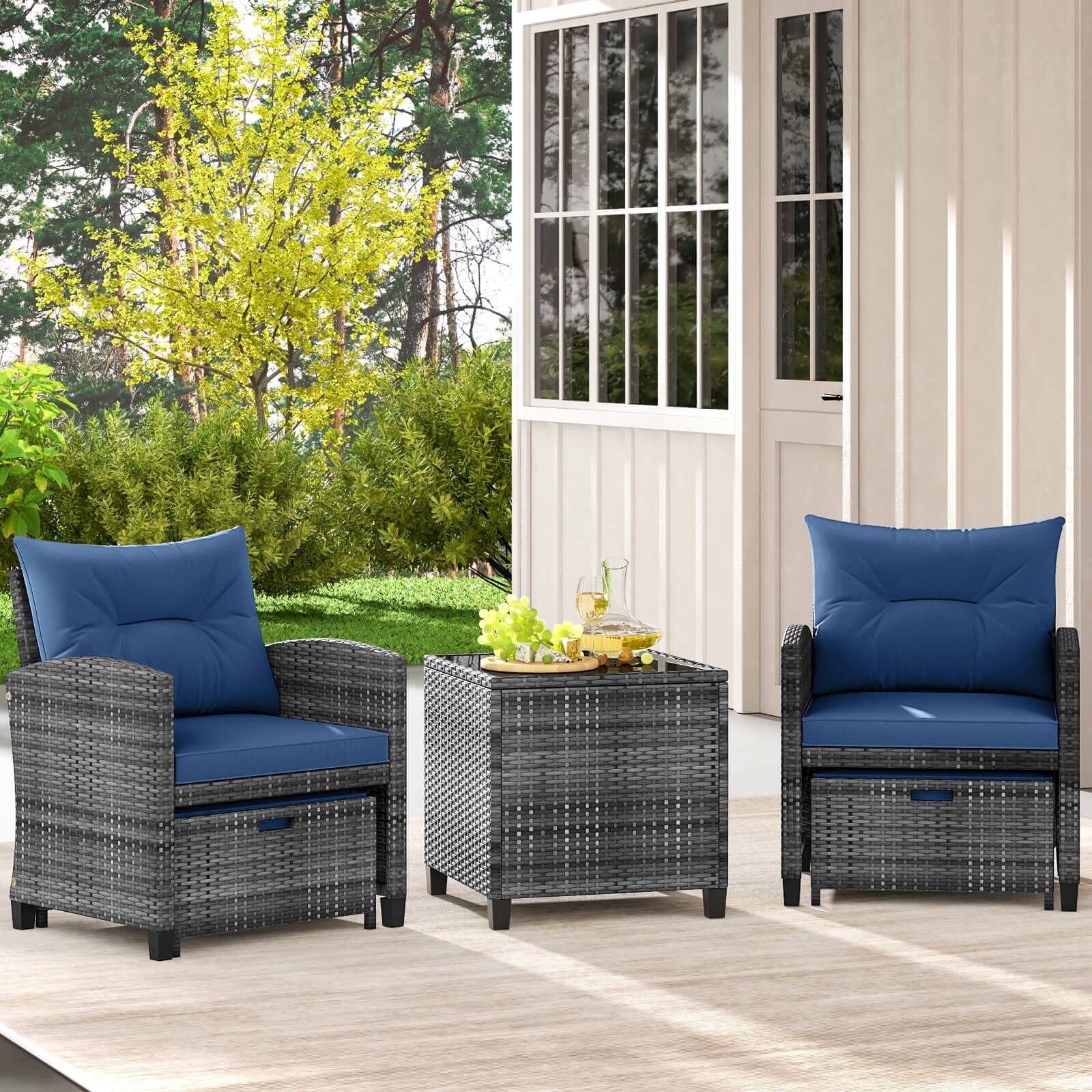 Alt View 3. Costway - 5 Piece Patio Rattan Furniture with 2 Ottomans & Tempered Glass Coffee Table - Navy + Mix Grey.