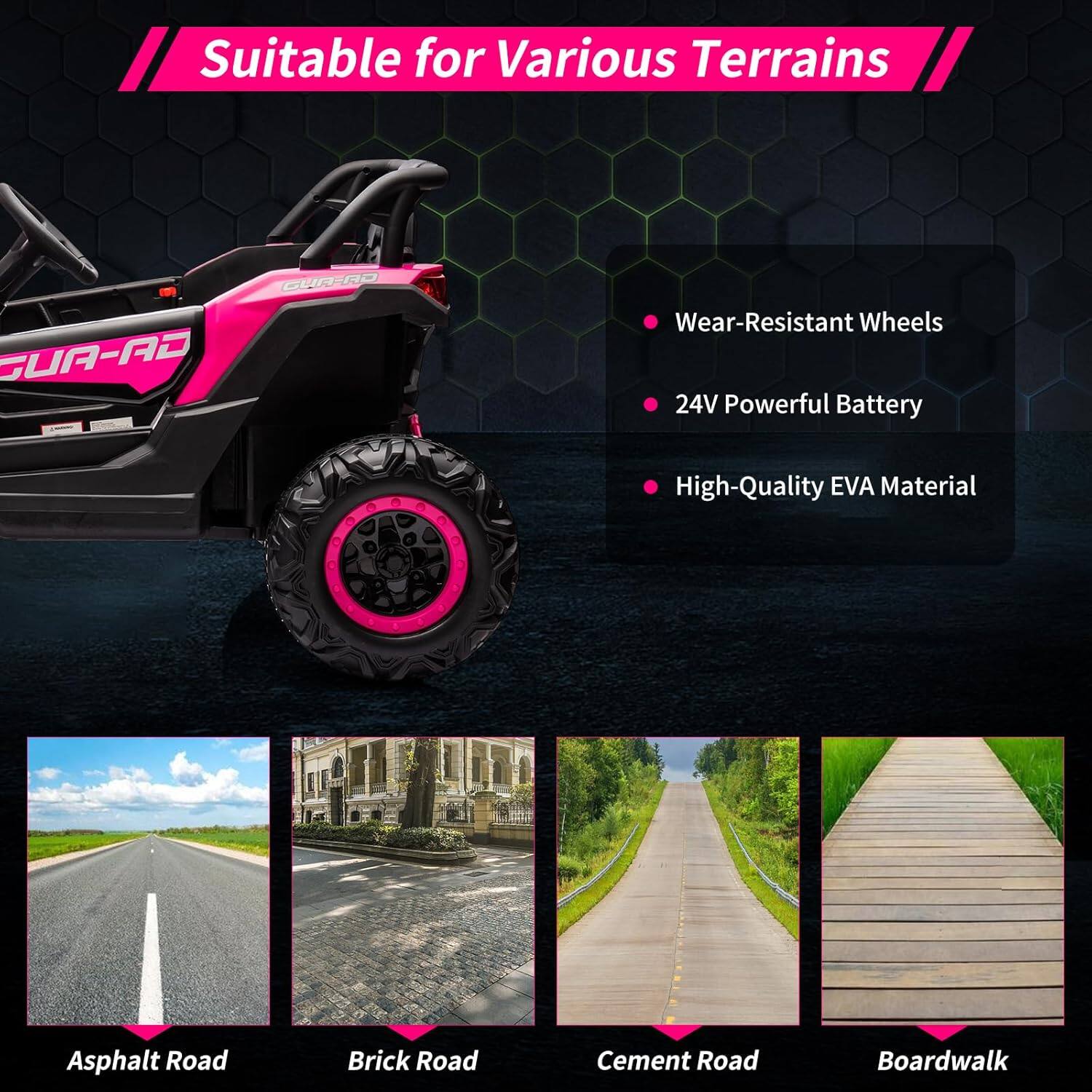 Suitable for Various Terrains
- Wear-Resistant Wheels
- 24V Powerful Battery
- High-Quality EVA Material
Asphalt Road
Brick Road
Cement Road
Boardwalk