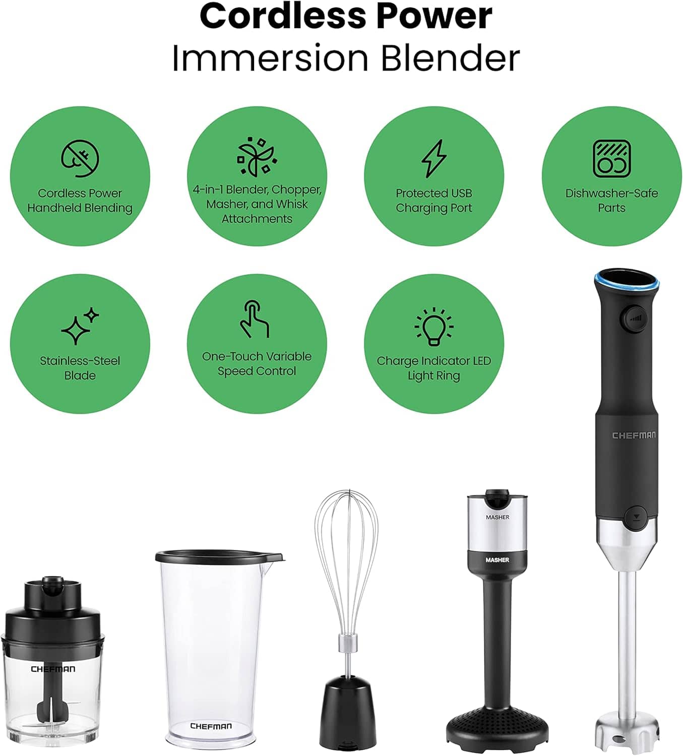 Chefman Cordless 5in1 Immersion Blender Set, Ice Crushing, Masher